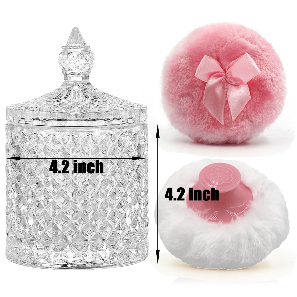 Luxury 4.2 Inch Glass Powder Container with 2 Plush Puffs|Non-Sealed Refillable Organizer for Body Powder&Makeup|Setting Powder Applicator w/Loose Powder Storage(Pointed Cylinder-Clear-Large)