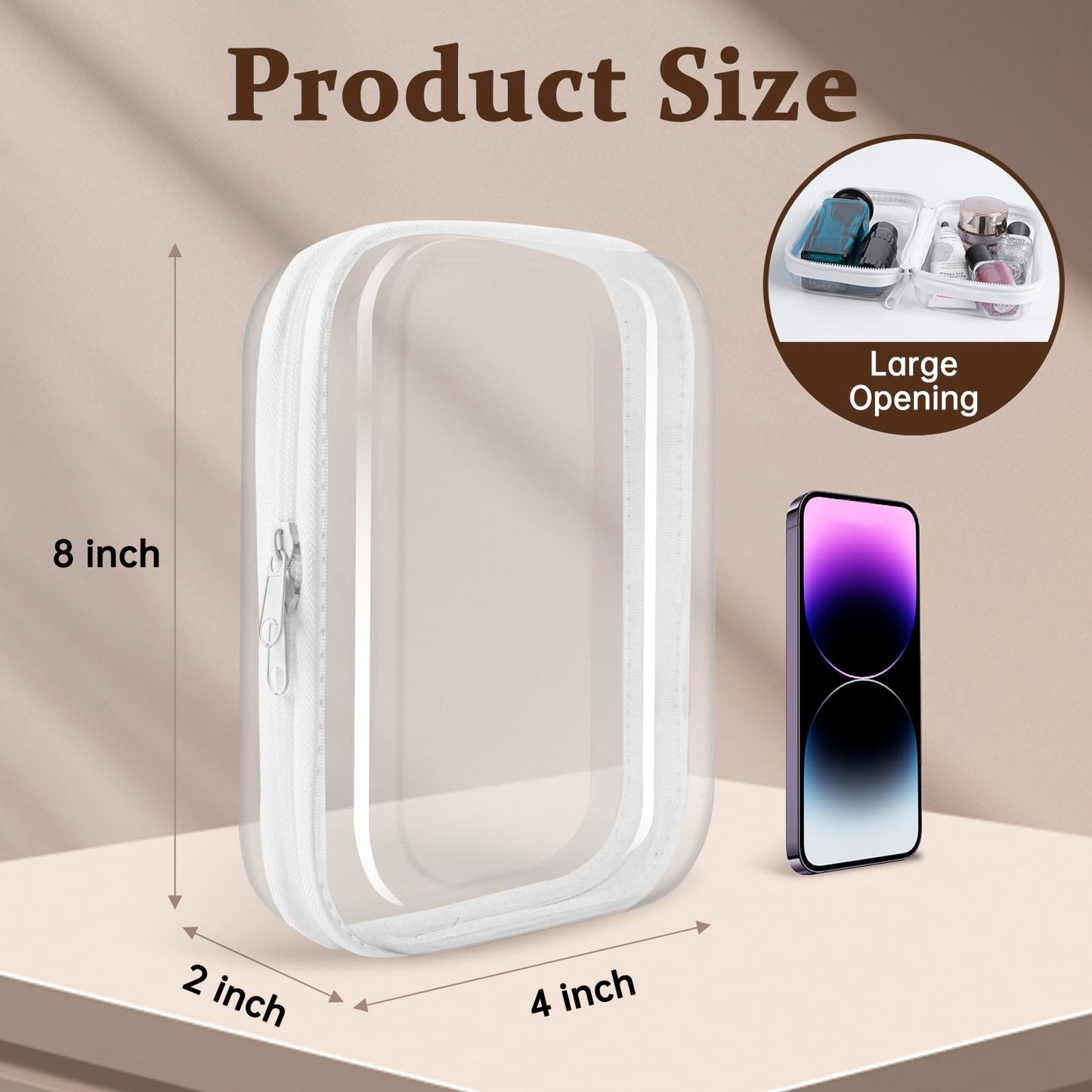 EYAYEN Clear Hard Shell Zipper Case 3 Pack Transparent Storage Box Containers Makeup Pouches for Small Item Waterproof Cosmetic Organizer Bags for Travel Toiletries (White,8"x 4")