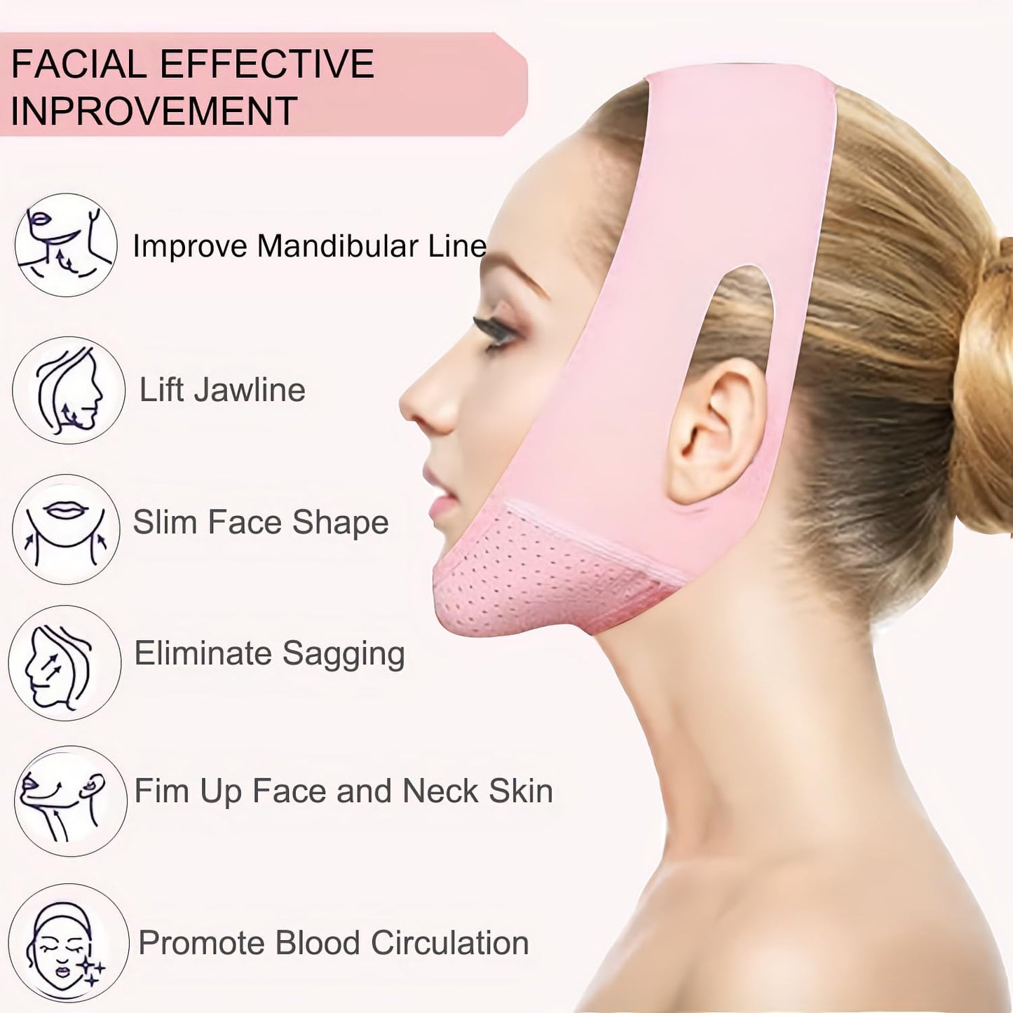 MASIKA Chin Strap for Sleeping,Adjustable Chin Strap,Jaw Strap,Jawline Shaper,V-Line Mask Chin Up Mask V Shaped Face Mask, Jaw Exerciser,Reusable chin strap,Pink。