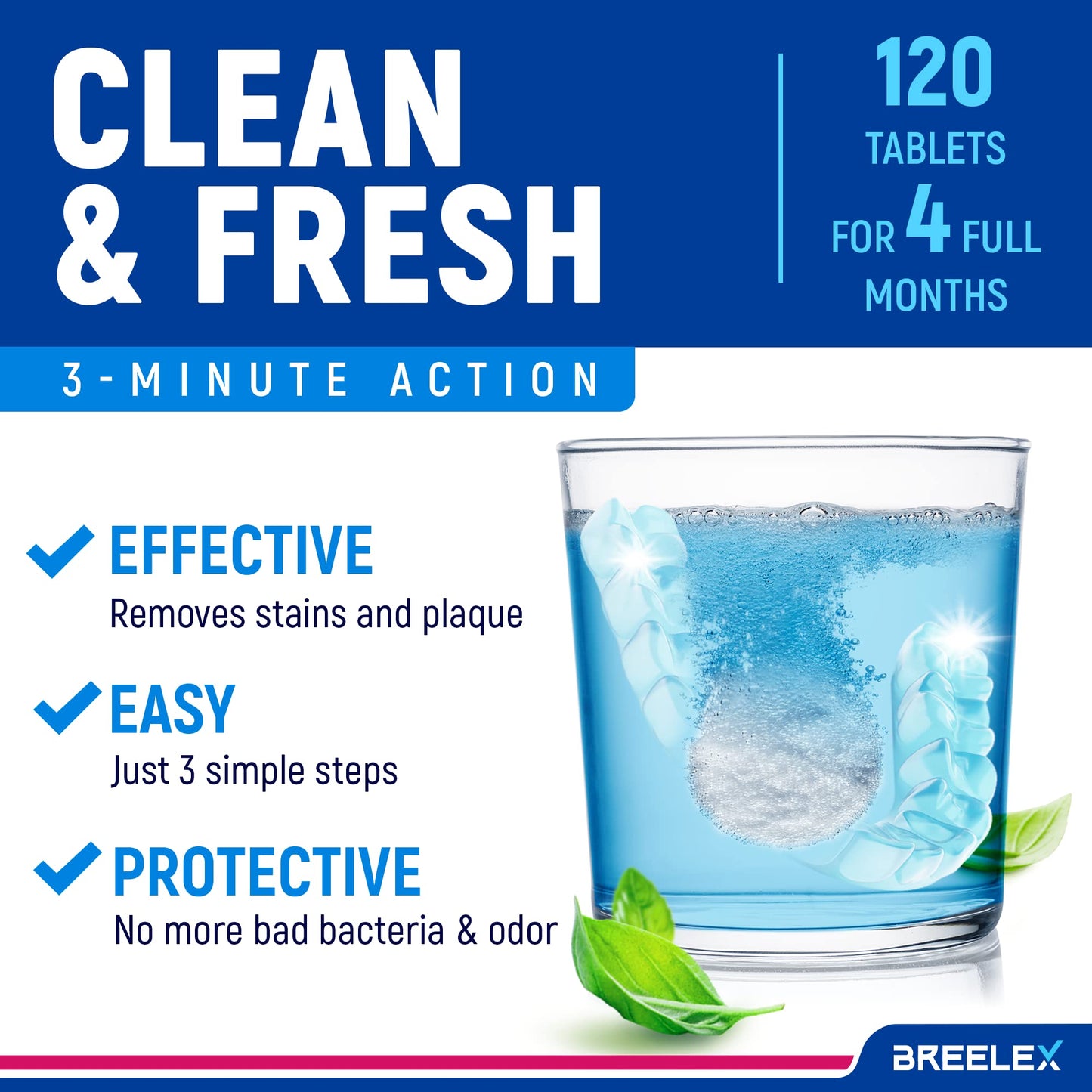 Breelex Denture Cleaning Tablets - 120 Retainer Cleaner Tablets for Aligner, Mouth & Night Guard - FSA HSA Approved Products - Dental Cleanser for Nightguard - Fresh in 3 Minute - Denture Cleaner