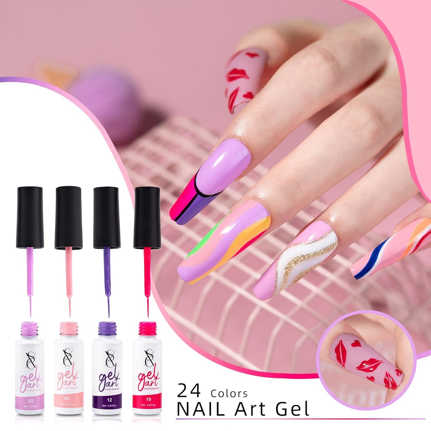 24-Color Gel Liner Set for Nail Art - SXC Cosmetics with Thin Brush for Swirl Designs
