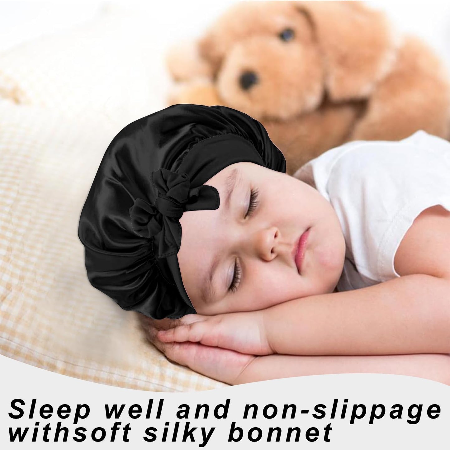 3 Pcs Kids Silk Bonnet for Sleeping - Baby Satin Bonnet for Sleep,Kids Hair Bonnets for Curly Hair Girls Boys with Wide Elastic Band,Sleeping Cap for Teens Toddler Child (Pink+Black+Light Blue)