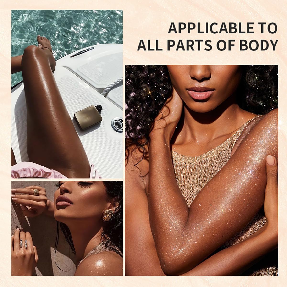 Body Glitter Spray Highlight, 4 Shimmering Color, Quick-Drying Formula Moisturizing Liquid Highlighter for Black/White Skin Women Men for Party, All Body Parts (03 Bronze)