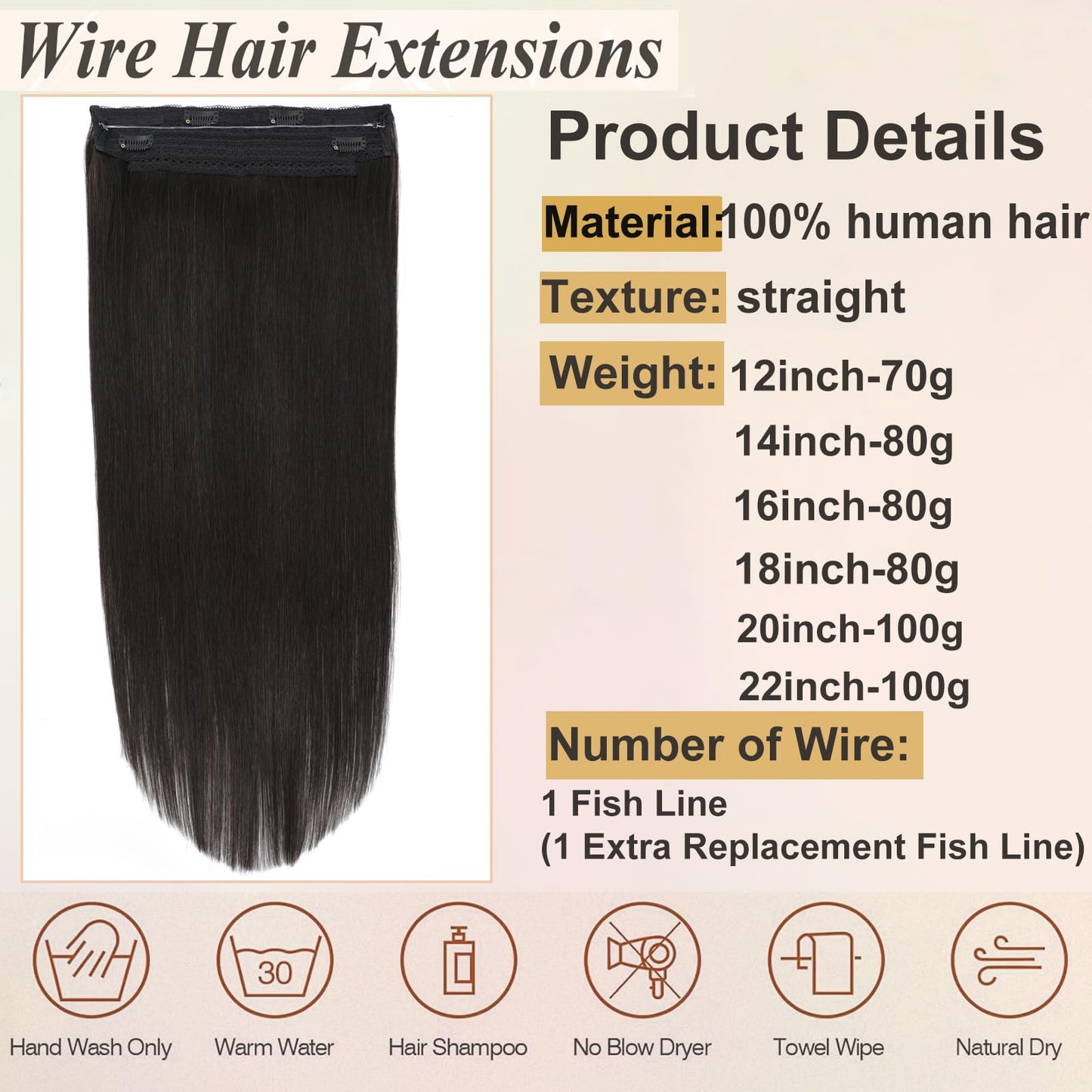 Doupor Wire Hair Extensions, Halo Hair Extensions Real Human Hair, Natural Black Invisible Wire Real Human Hair Extensions,Fish Line Layered For Women 22inch 100g