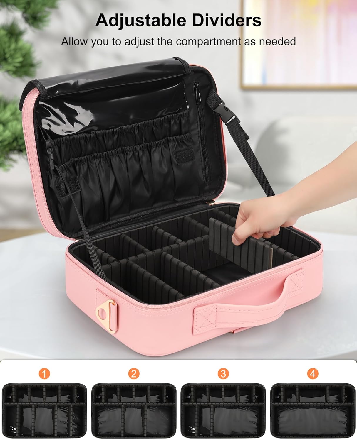 Relavel Portable Travel Makeup Case Organizer with Adjustable Dividers - Black Cosmetic Storage for Brushes, Toiletries & Jewelry