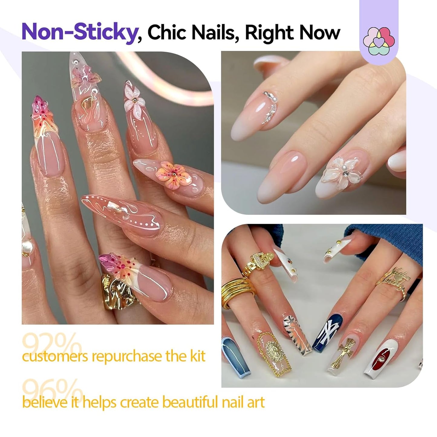 Builder Nail Gel Kit - 4 Colors (Clear, Nude, White, Pink) for Nail Extensions & 3D Sculpting - Long-Lasting Non-Sticky Hard Gel with Chrome Powder