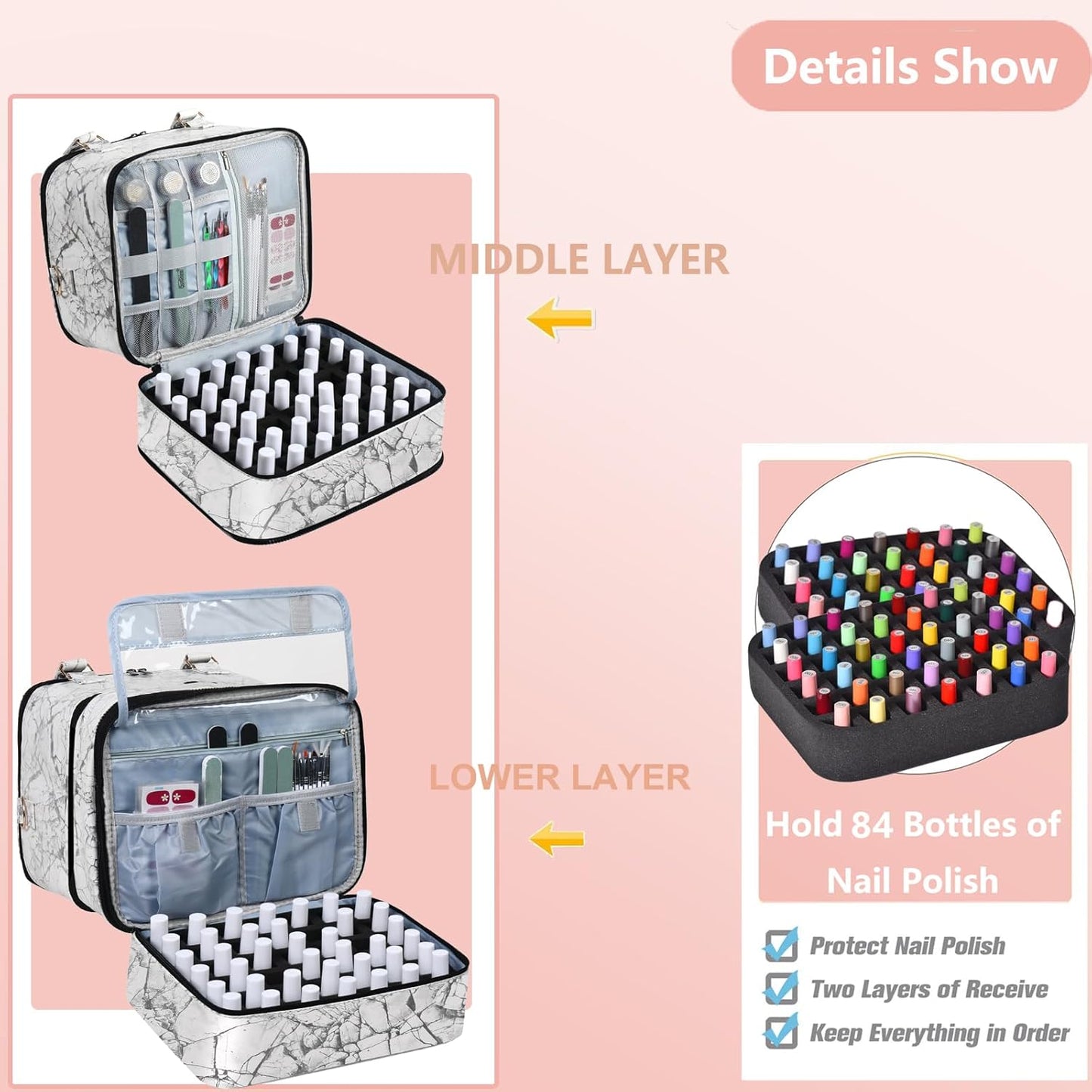Nail Polish Organizer Bag with Travel Case for 30+ Bottles & Nail Lamp - Purple