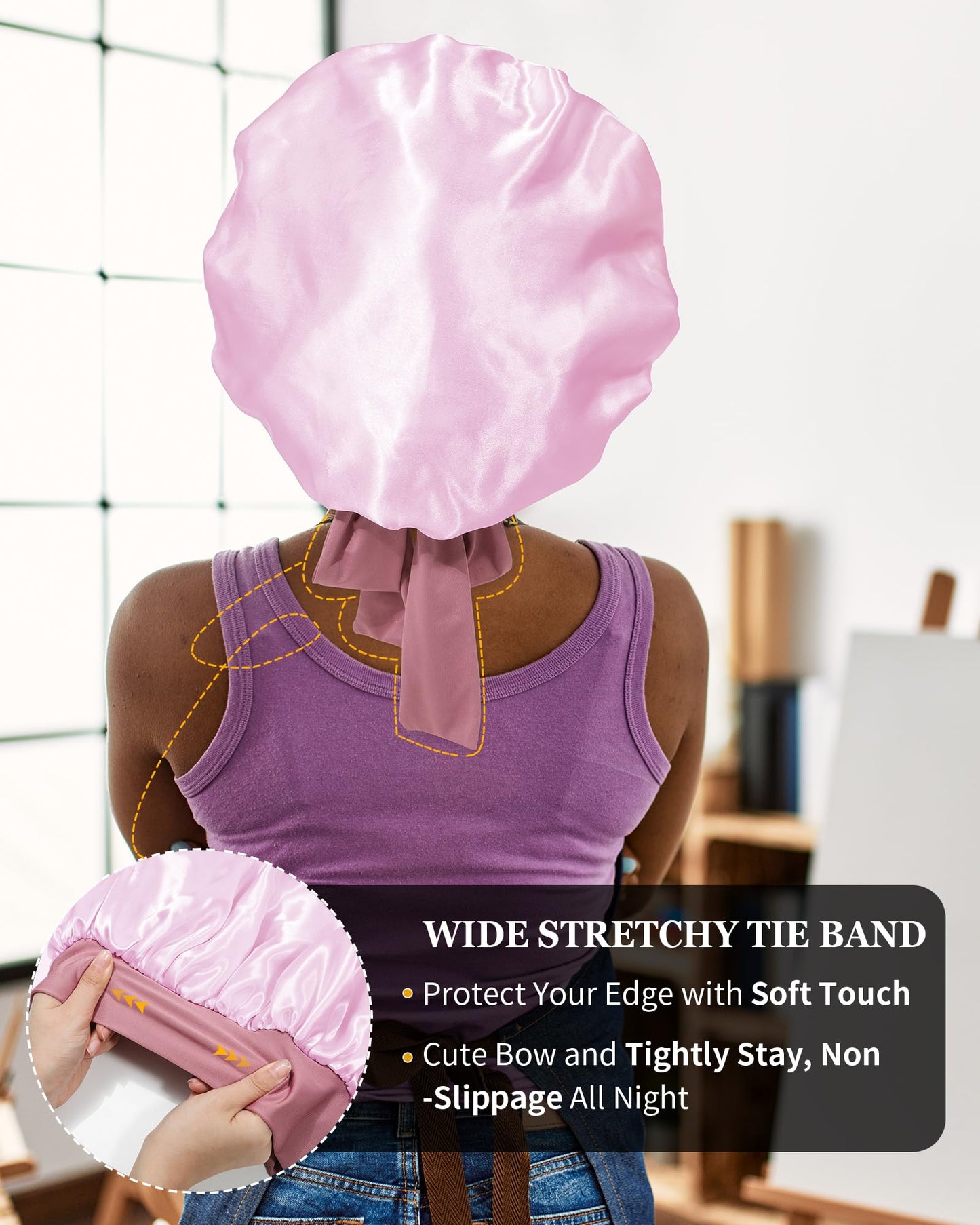 Satin Bonnet for Women Silk Bonnets for Sleeping Curly Hair Bonnet with Elastic Tie Band Reversible Double Layer Sleep Cap Hair Wrap (Bean Paste + Pink)