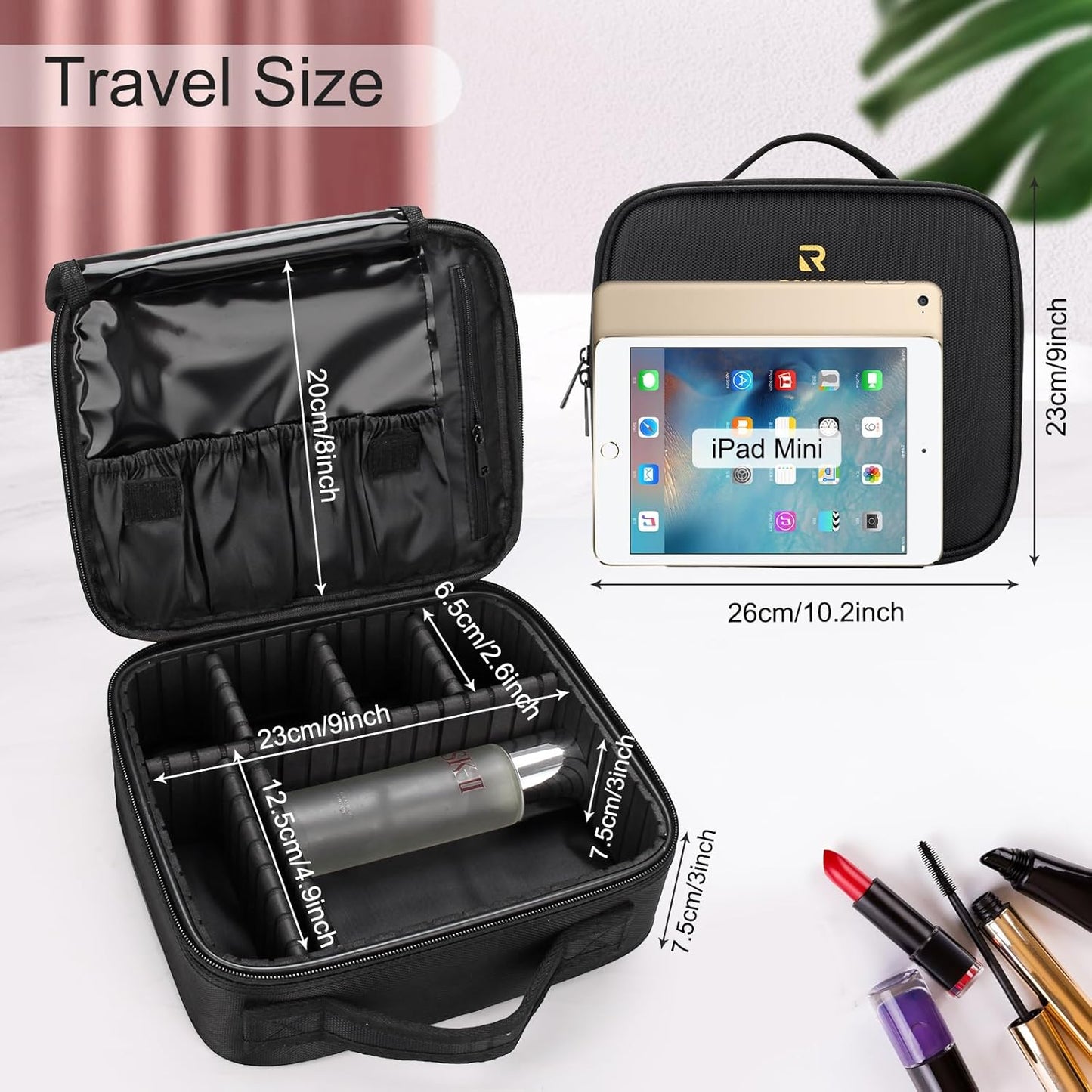 Relavel Portable Travel Makeup Case Organizer with Adjustable Dividers - Black Cosmetic Storage for Brushes, Toiletries & Jewelry