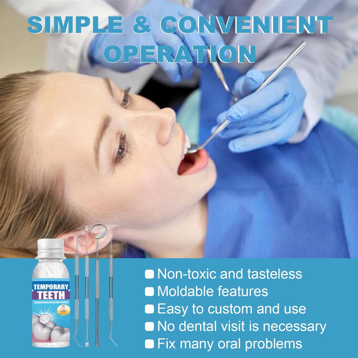 Tooth Repair kit with 4 Dental Tools, Tooth Filling Repair The Missing Teeth, Dental Care Kit Fixing Broken Teeth, Save Smile Cause Bad Teeth and Smile Confidently Again