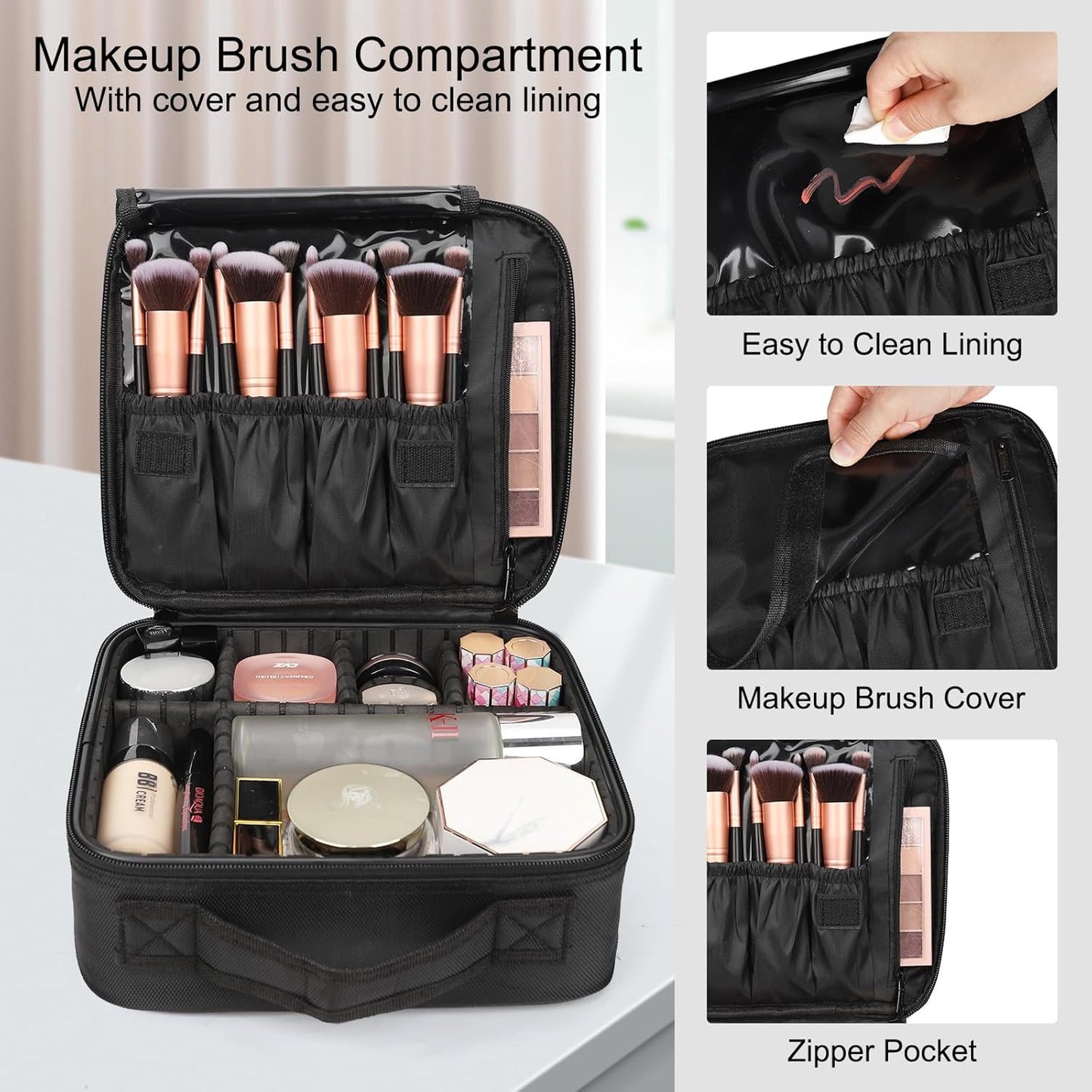 Relavel Portable Travel Makeup Case Organizer with Adjustable Dividers - Black Cosmetic Storage for Brushes, Toiletries & Jewelry