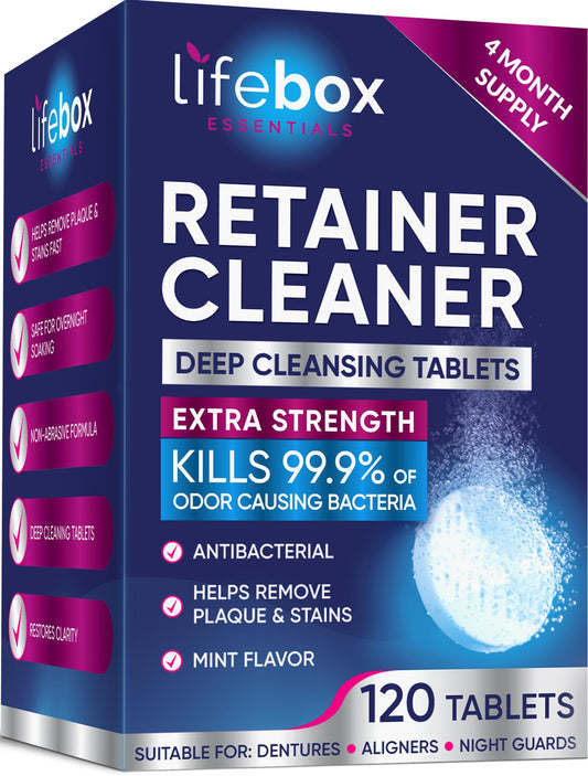 Retainer Cleaner Tablets - 120 Denture Cleaning Tablets & Aligner Cleaner - Removes Odors & Stains – For Aligners, Retainers, Dentures, Night Guards - Mint Flavor