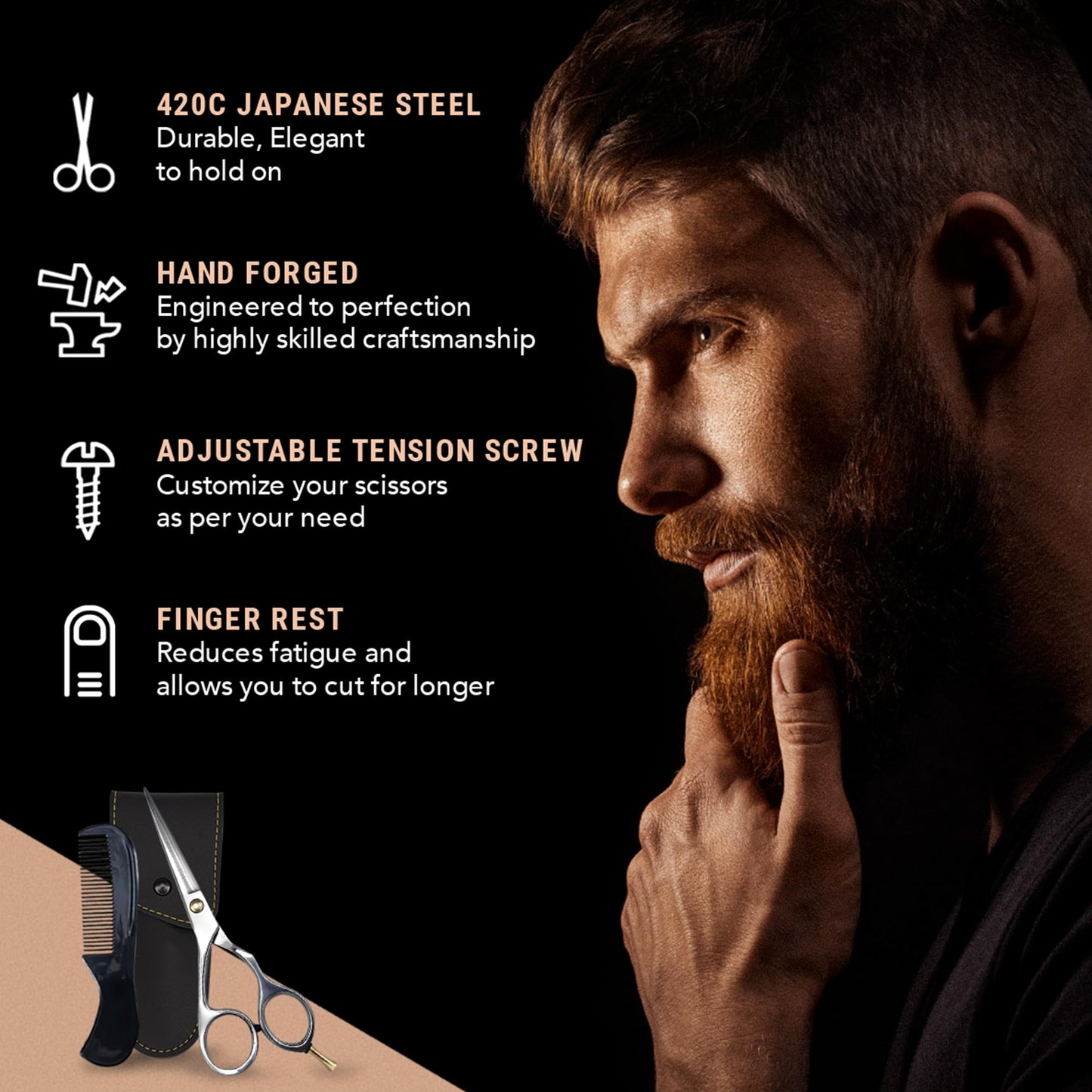 Ontaki Hair Scissors for Beard & Mustache - 5.5" 420C Japanese Steel, Silver, Right Hand - Hand-Forged Hair Cutting Scissors with Ergonomic Handles - Includes Beard Comb with Handle & PU Leather Pouch