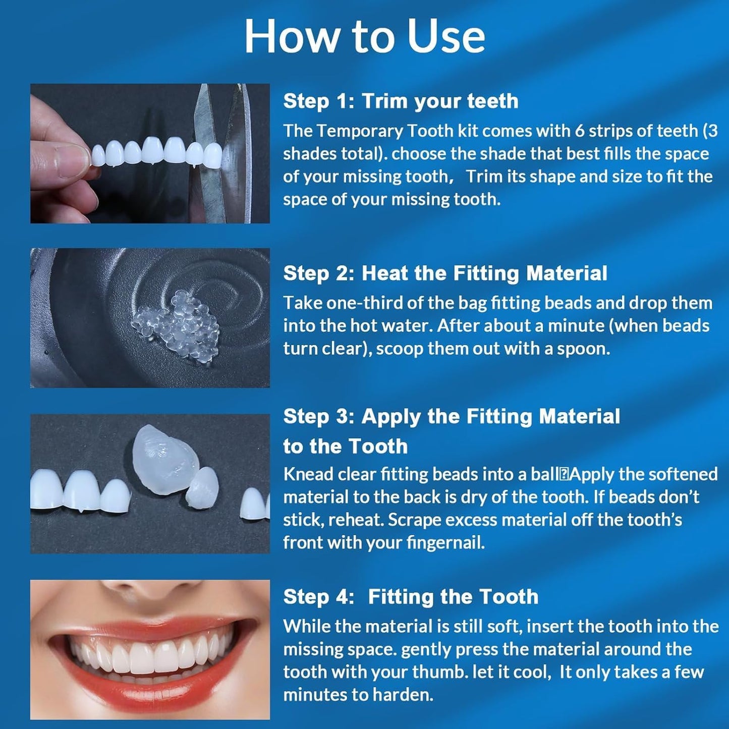 Veneers Teeth for Women, Tooth Replacement Missing Teeth, Upper Veneer Cosmetic Tooth, Moldable Thermal Beads Replacement Kit, Unisex to Denture Repair Kit, 6PCS