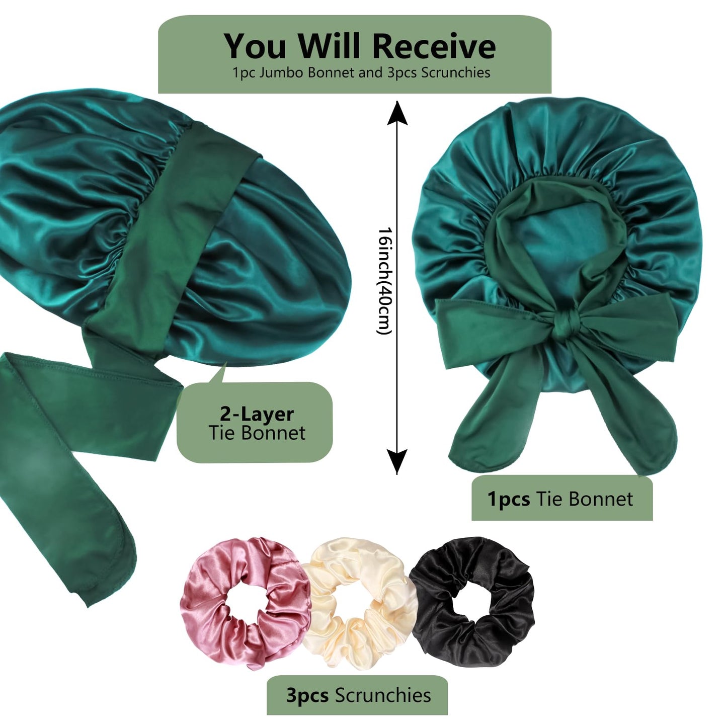 1+3 Large Satin Bonnets with Scrunchies for Women, Double Layer Hair Bonnet Tie Bonnet for Sleeping Braids Curly Hair, F
