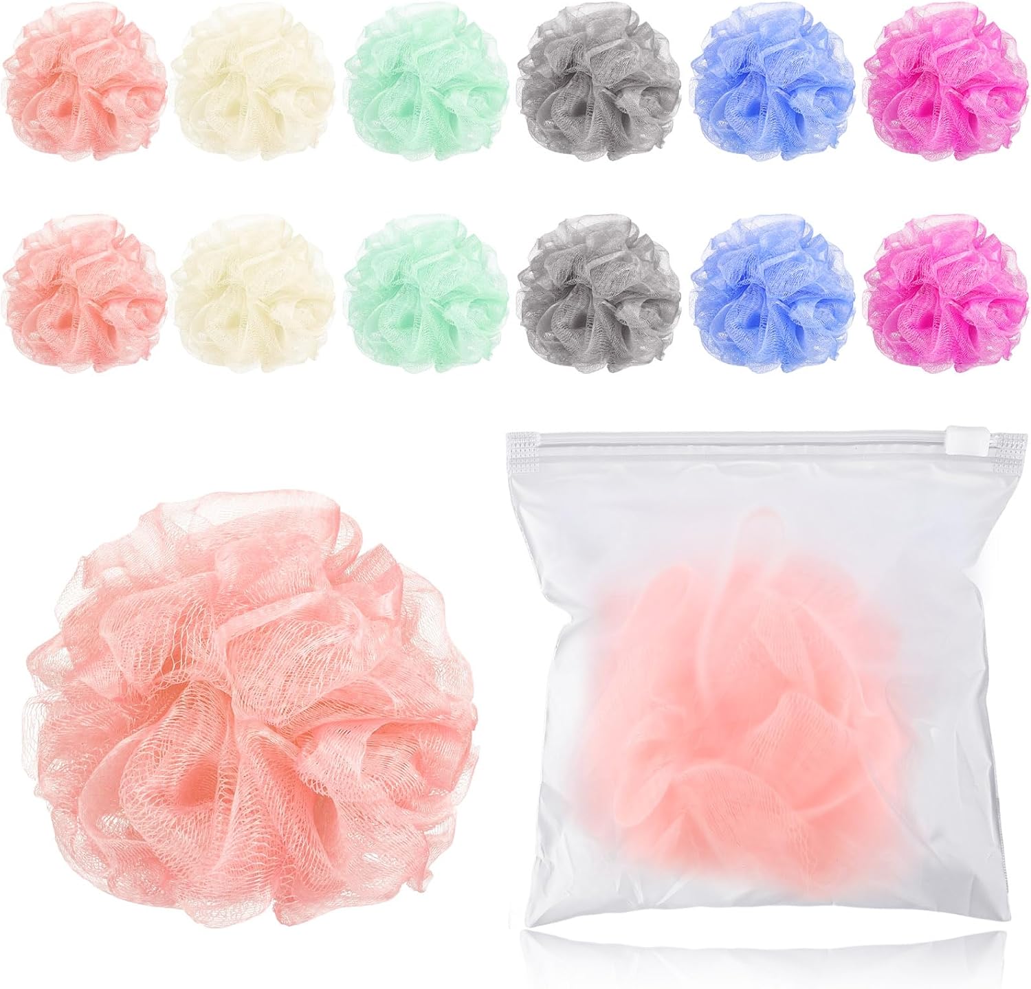 Travel Size Loofah Set - 12 Individually Wrapped Mini Bath Sponges with Case (Black, 25g)