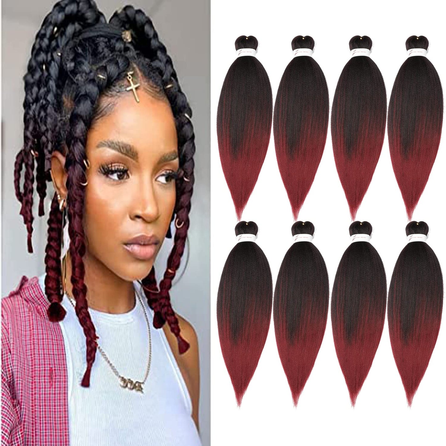 8 Packs 20-Inch Ombre Pre-Stretched Braiding Hair - Soft Yaki Texture Extensions