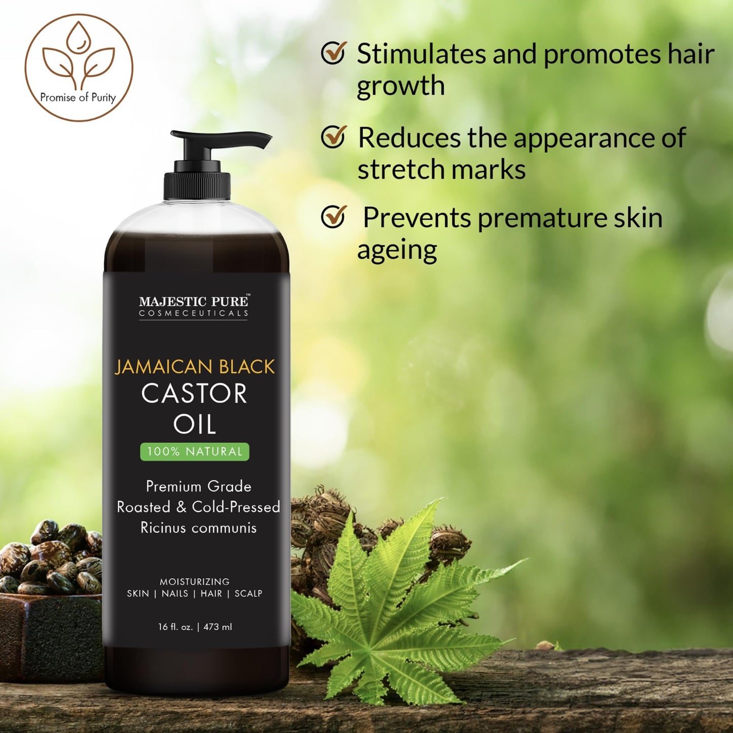 MAJESTIC PURE Pure Jamaican Black Castor Oil for Hair Care, Strengthening, Nourishing, and Volumizing Formula - Non GMO Verified, 16 Fl Oz