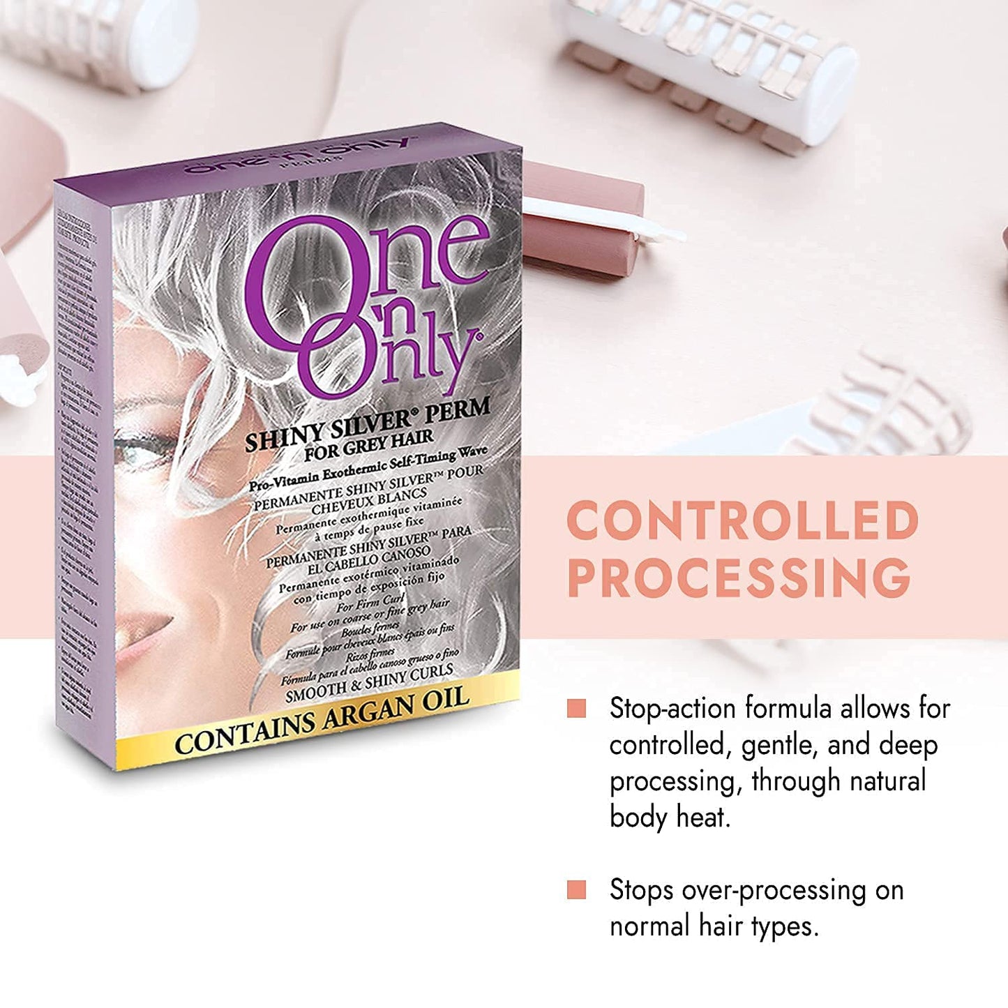 One 'n Only Shiny Silver Perm with Argan Oil for Gray Hair, Enhances Natural Silver Highlights, Exothermic Chemical Heat Ensures Gentle, Deep, and Even Processing
