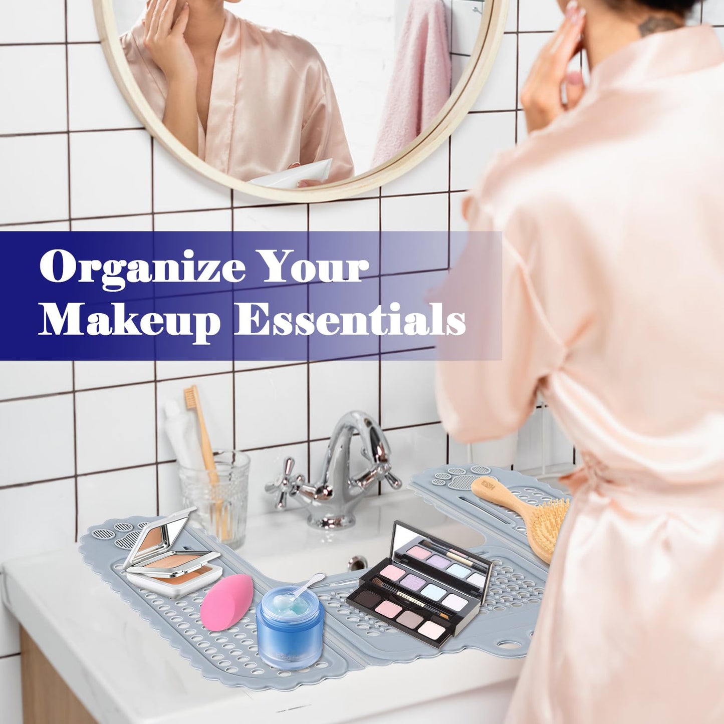 WIOR Sink Top Cover for Counter Space Makeup, Foldable Silicone Sink Covers Heat-Resistant Beauty Makeup Brush Cleaning Mat Hot Tools Organizer Space Saver Bathroom Must Haves for RV Camper Travel