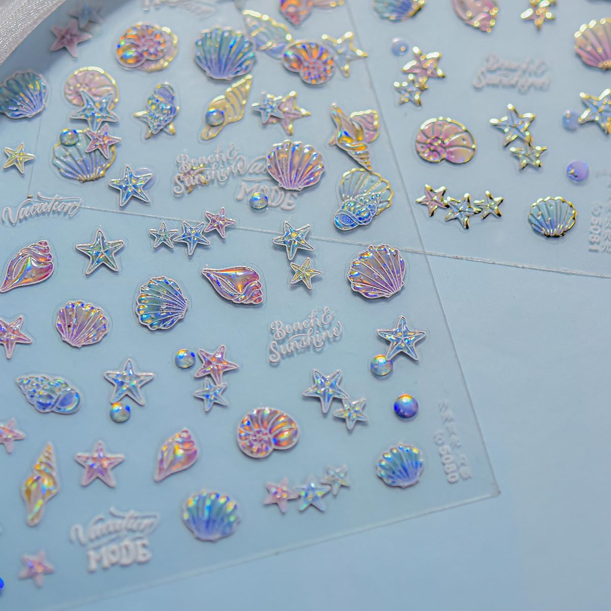 1 Sheet Marine Life Nail Stickers Shell Light Nail Design Stickers 5D Embossed Starfish Shell Self-Adhesive Nail Decal Acrylic Nails Art Supplies for Women DIY Summer Manicure Decoration