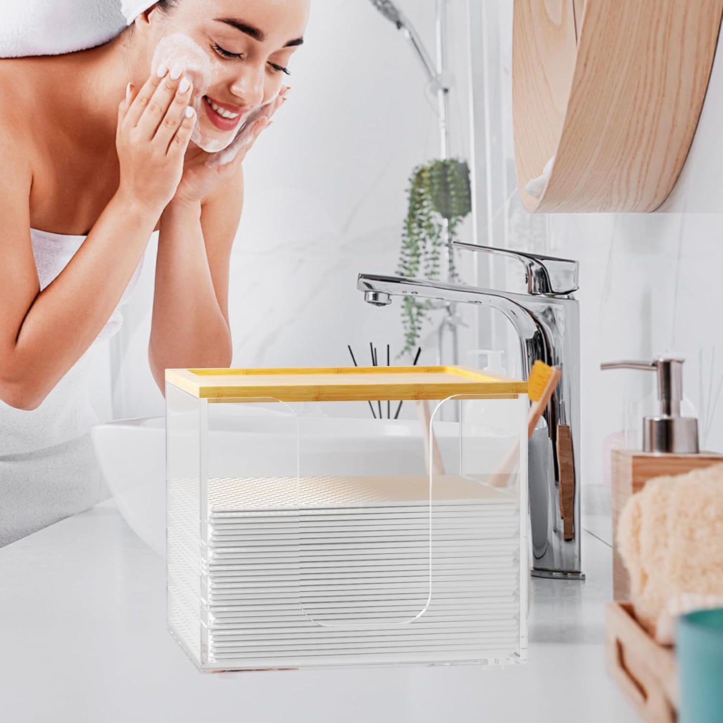 VITVITI Acrylic Face Towel Holder Box - Large Disposable Towel Storage with Bamboo Lid for Bathroom & Vanity