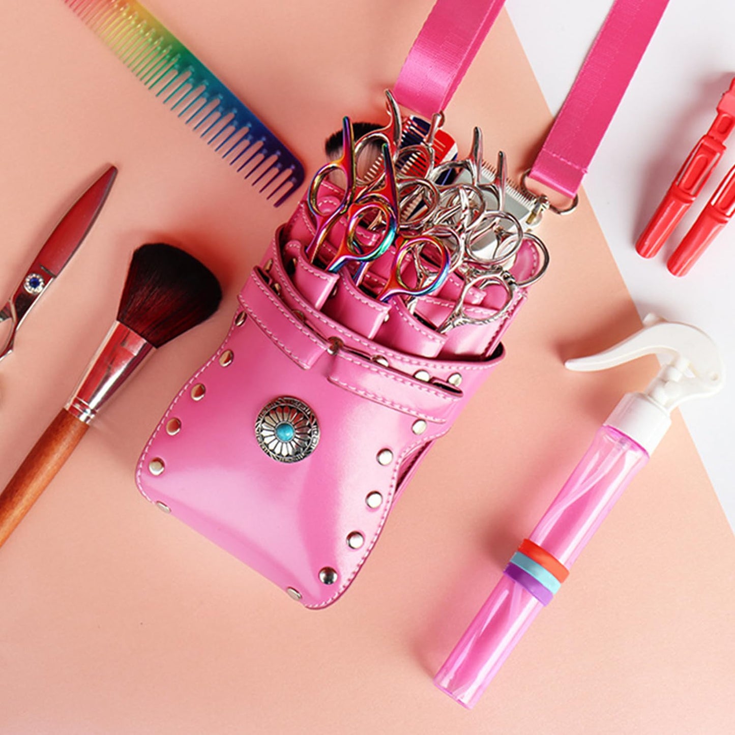 Hairdresser Waist Bag Shear Holder, 7-Slot Hairstylist PU Leather Barber Scissors Holster Pouch Tool Bag, Detachable Hair Cutting Organizer for Combs, Clippers, Spray Bottles (Pink)