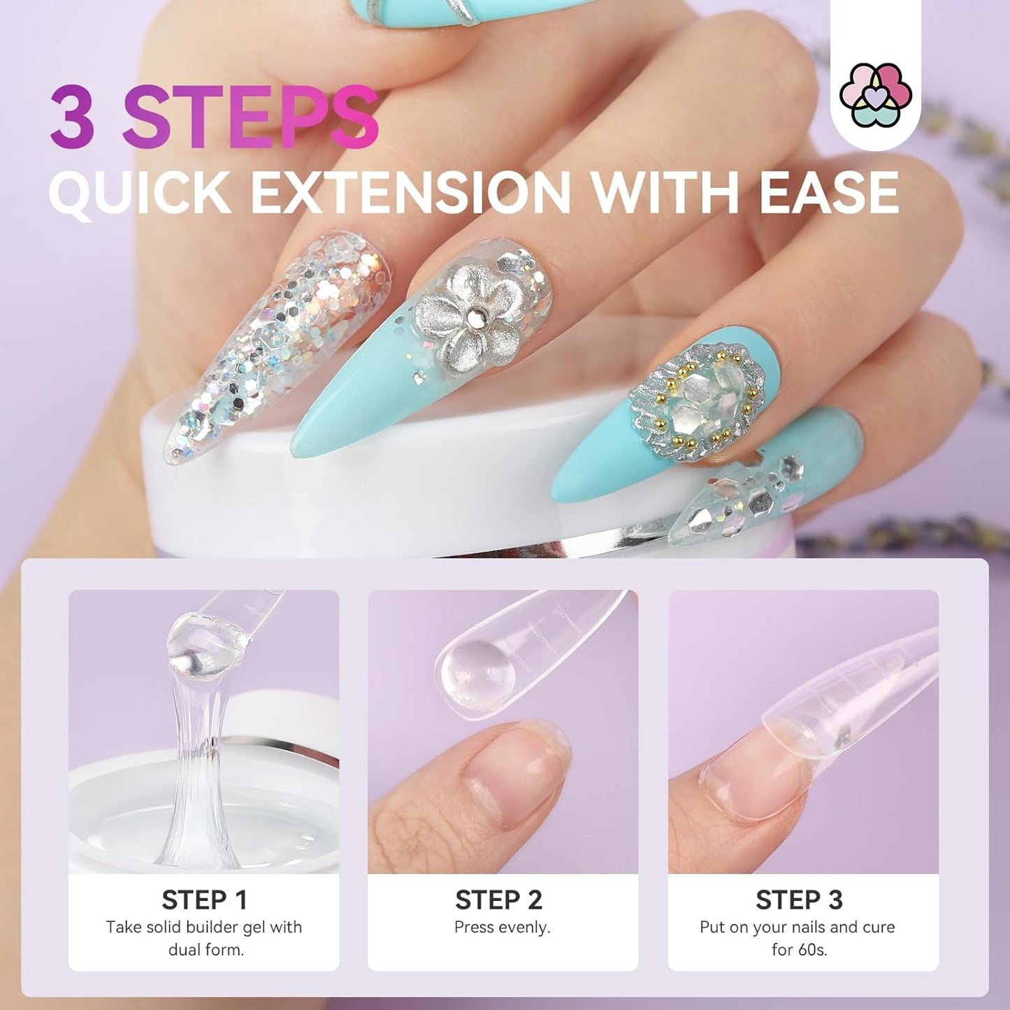 Builder Nail Gel Kit - 4 Colors (Clear, Nude, White, Pink) for Nail Extensions & 3D Sculpting - Long-Lasting Non-Sticky Hard Gel with Chrome Powder