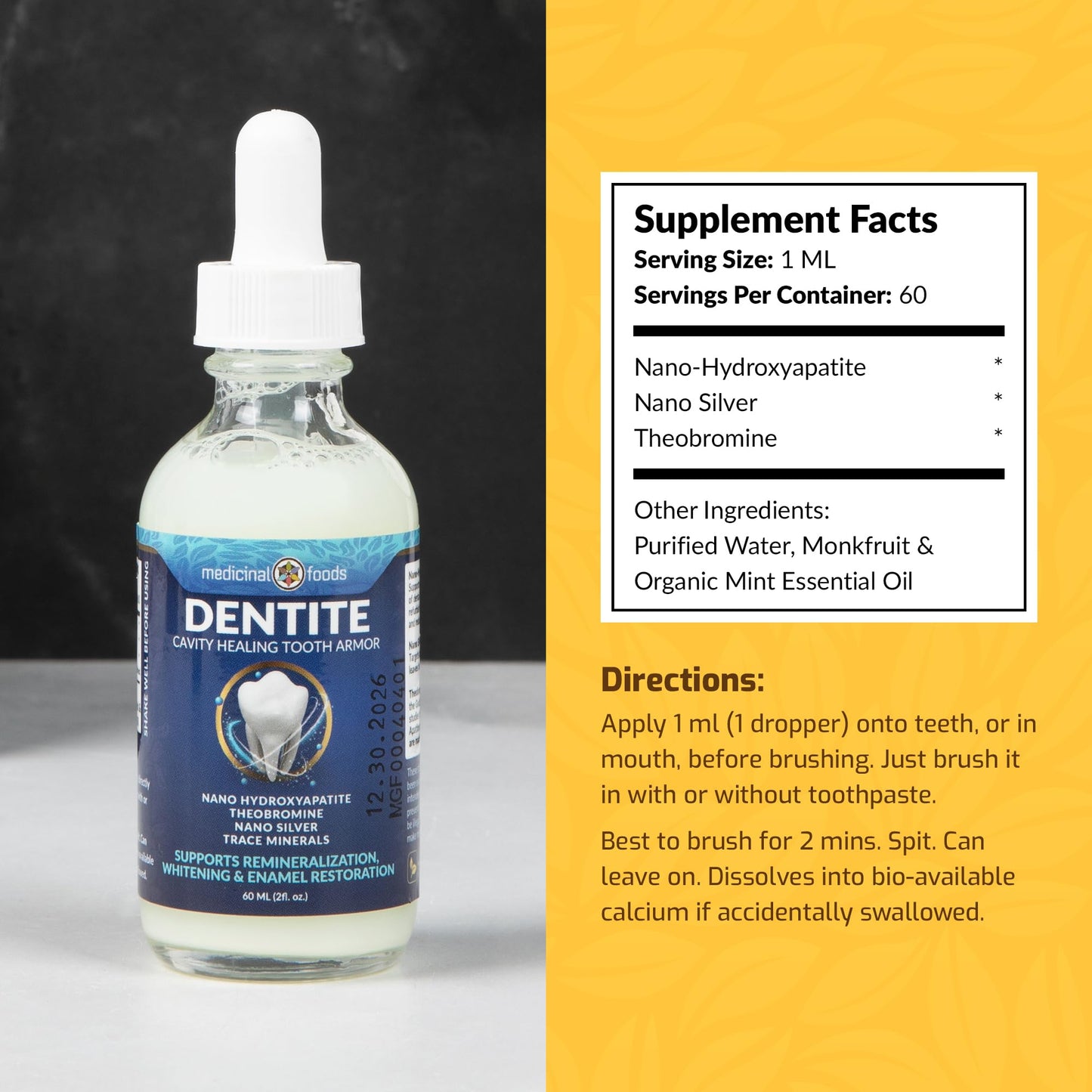 Original Dentite Cavity Healing Tooth Armor Liquid | Clinically Strengthen Enamel with Remineralization Drops | Teeth Whitening | at-Home Tooth Enamel Repair | Stronger Teeth | Hydroxyapatite | 60 ml