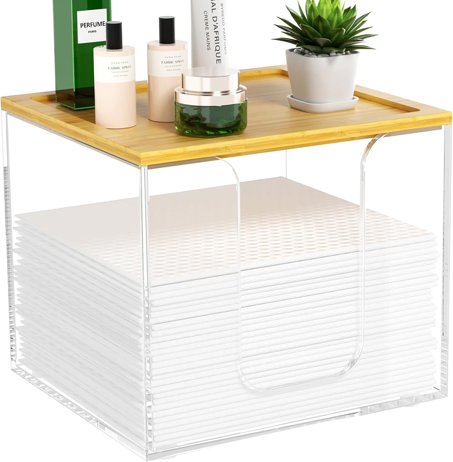 VITVITI Acrylic Face Towel Holder Box - Large Disposable Towel Storage with Bamboo Lid for Bathroom & Vanity