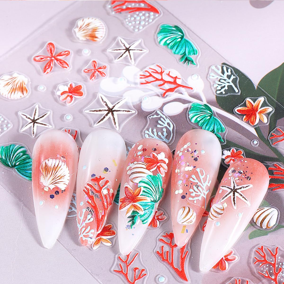 2 Sheets Summer Ocean Nail Art Stickers Ocean Shells Starfish Marine Animal Nail Stickers 3D Self-Adhesive Nail Decals for Women DIY Holiday Manicure Decoration Supplies