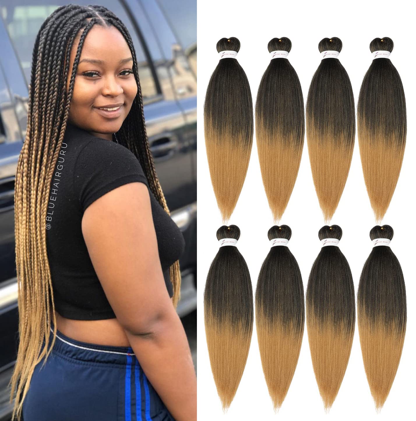 8 Packs 20-Inch Ombre Pre-Stretched Braiding Hair - Soft Yaki Texture Extensions