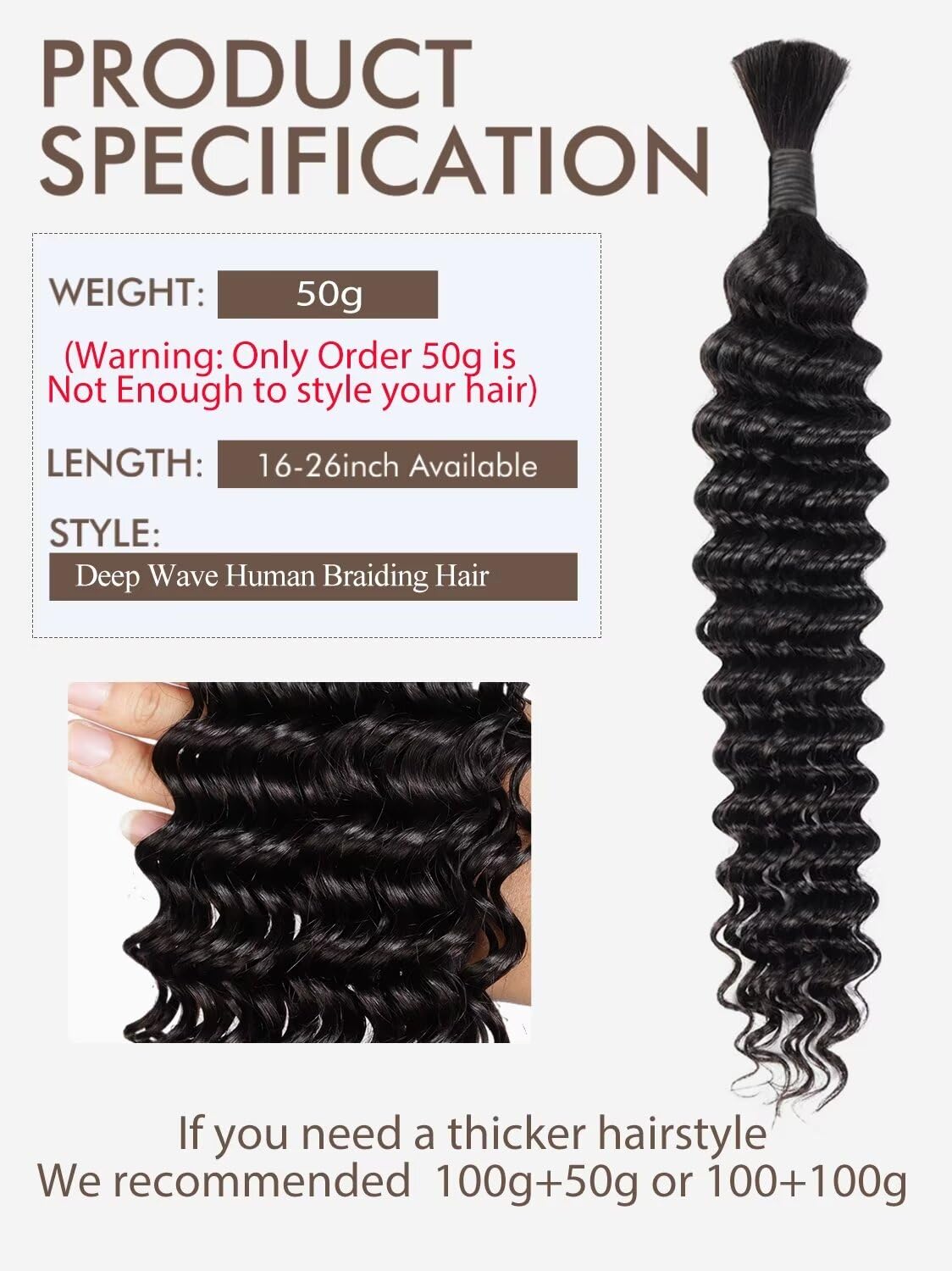 Human Braiding Hair, Boho Braids Human Hair 1 Bundle 50g 18 Inch Deep Water Wave Bulk Human Hair for Braiding No Weft 12A Brazilian Virgin Curly Human Hair Extensions for Wet and Wavy Braiding Hair