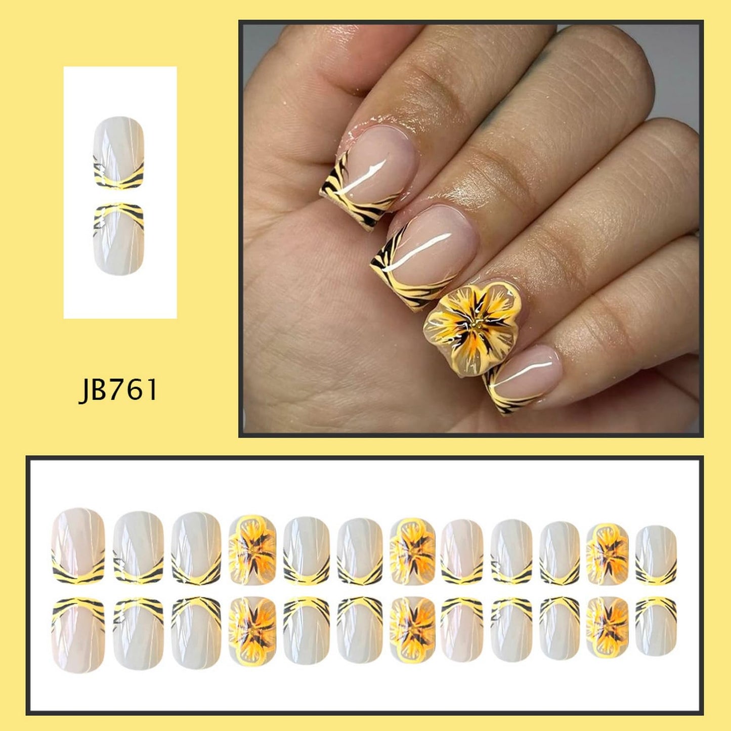 Summer Press on Nails Short Square Fake Nails Yellow with Flower designs Stick on Nails Full Cover Leopard Print French Tip Press ones False Nails for Women Glue on Nails Beach Nails 24pcs