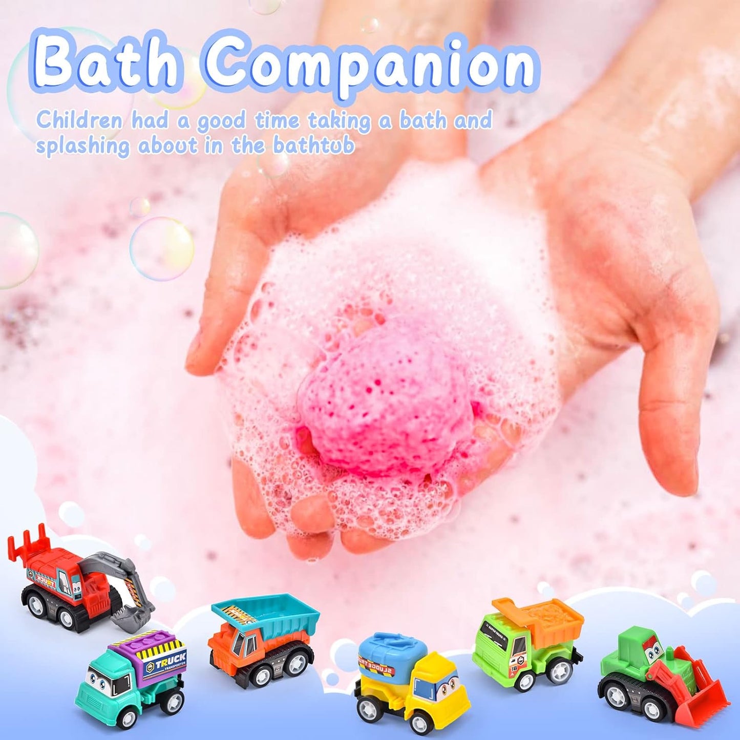 Natural Bath Bombs for Kids - 6 Pack Organic Colorful Foam Bubble Set & Pull-Back Cars - Perfect Christmas Gift for Toddlers