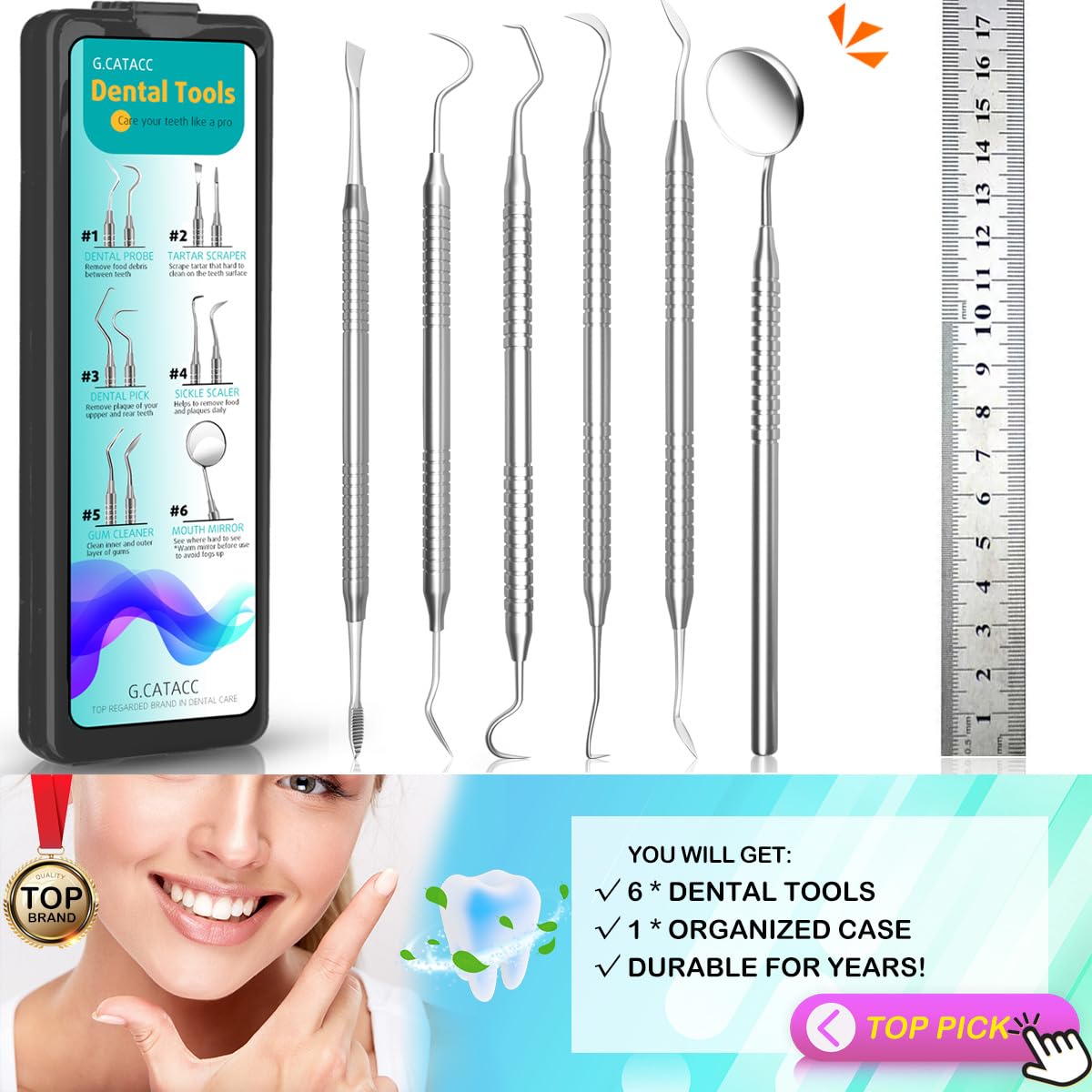 CATACC PRO Dental Tools, Dental Pick for Teeth Cleaning, Stainless Steel Hygiene Kit with Tooth Scraper Plaque Tartar Remover - with Case