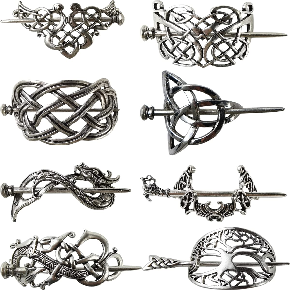 Viking Celtic Hair Clips Set - 8PCS Retro Silver Metal Hairpins & Barrettes for Women