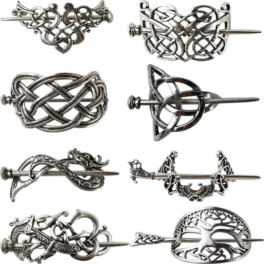 Viking Celtic Hair Clips Set - 8PCS Retro Silver Metal Hairpins & Barrettes for Women