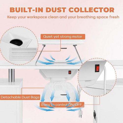 Manicure Table Nail Tech Desk with Electric Dust Collector, Nail Table Station w/Charging Socket, 4 Drawers, Lockable Wheels & 2 Wrist Rests – Professional Nail Station for Salon & Home, Snowy White