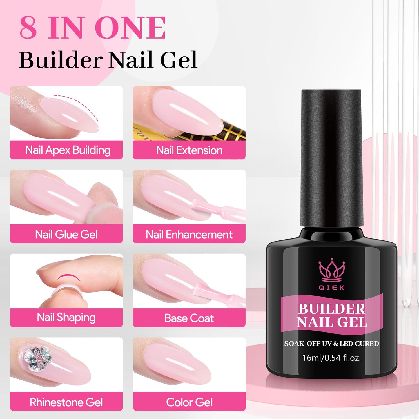 QIEK Baby Pink Gel Polish Builder, 8-in-One Builder Pastel Pink Nail Polish Strengthener Apex Enhancement Extension Hard Building Gel LED Lamp Cured Rubber Base Coat for DIY Salon Manicure Gifts 2025