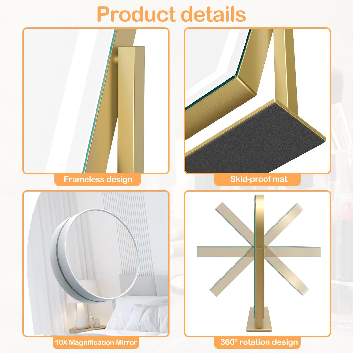 Gvnkvn Arched Makeup Vanity Mirror with Lights 17.2" Large LED Lighted Mirror, Hollywood Make Up Mirror with Lighting, Smart Touch,Detachable 5X Magnification 360° Rotation, (Gold,Gift Box)