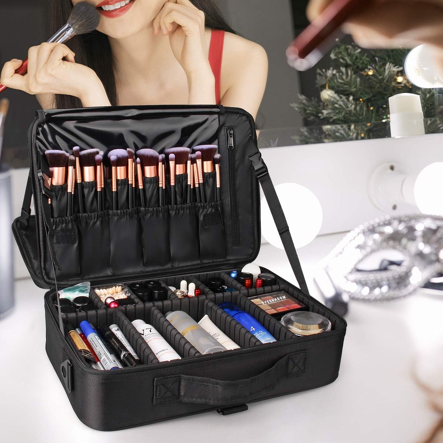 Relavel Portable Travel Makeup Case Organizer with Adjustable Dividers - Black Cosmetic Storage for Brushes, Toiletries & Jewelry