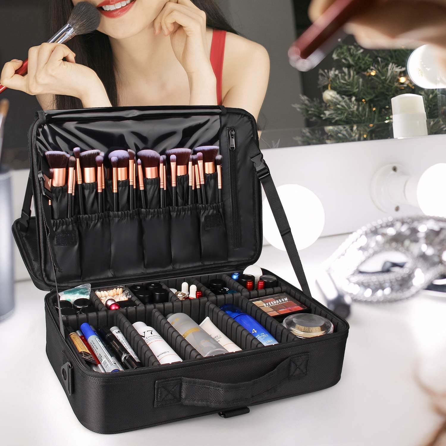 Relavel Portable Travel Makeup Case Organizer with Adjustable Dividers - Black Cosmetic Storage for Brushes, Toiletries & Jewelry