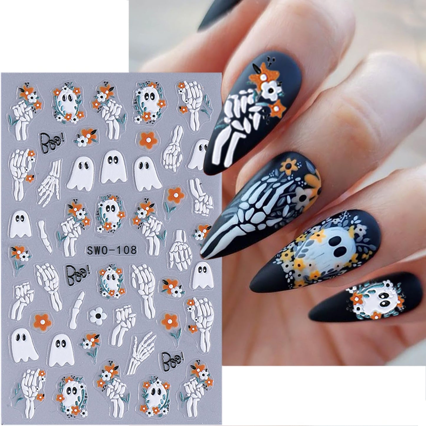 4 Sheets Halloween Nail Stickers for Nail Art Scary Black Cat Mummy Spider Web Nail Art Stickers 5D Spider Pumpkin Nail Decals Self-Adhesive Ghost Skeleton Nail Supplies for Women Nails Decoration