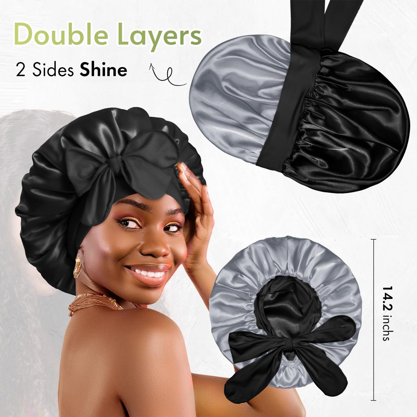 BONNET QUEEN Silk Bonnet for Sleeping Double Layer Satin Bonnet Reversible Bonnet with Tie Band Hair Bonnet Sleep Cap for Women Curly Hair,Black+Grey