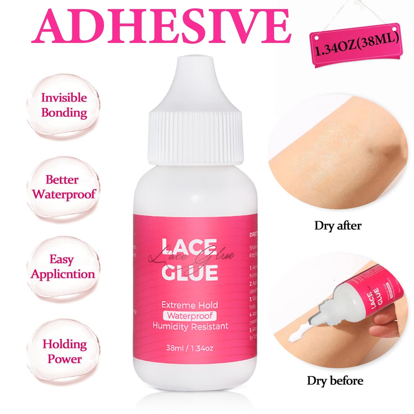 Extreme Hold Lace Glue for Wigs, Waterproof Oil-Resistant Wig Glue for Front Lace Wig, Strong Invisible Bonding Adhesive, 1.3oz, Non-Toxic, No Shine, No Odor or Latex