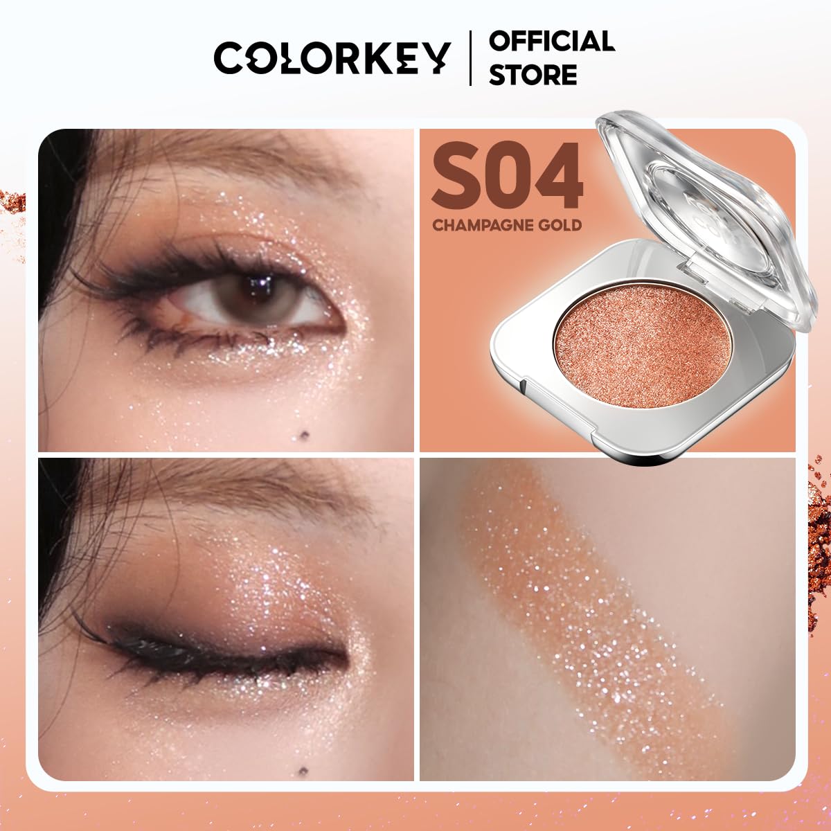 COLORKEY Stardust Diamond Mono Eyeshadow, High-Pigment Single Eye Shadow with Diamond Sparkle, Long-Lasting, Waterproof, Smudge-Proof, Multi-Dimensional Shine, Enhances Eye Contour (S04)