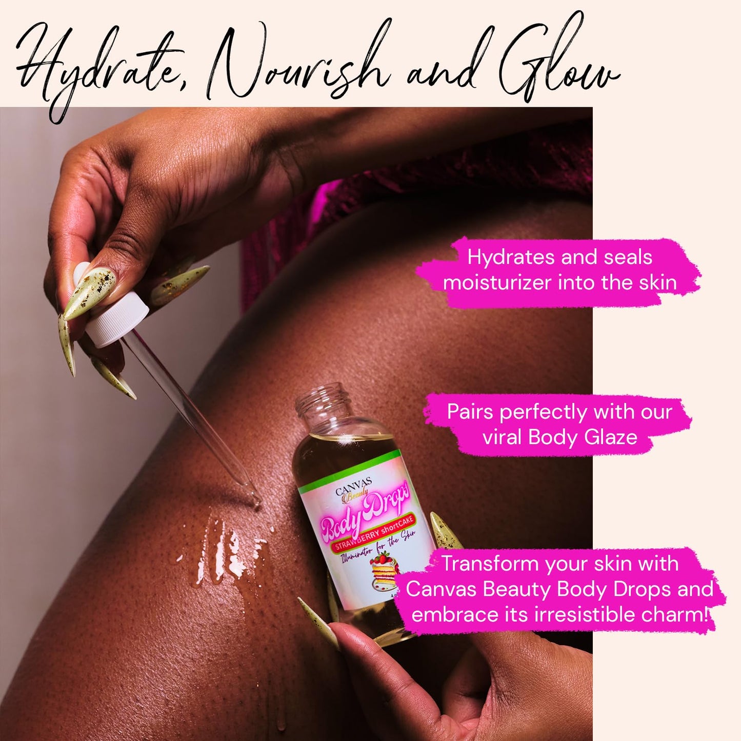 Canvas Beauty Body Drops, Strawberry Short Cake - With Coconut Oil, Jojoba Oil & Vitamin E