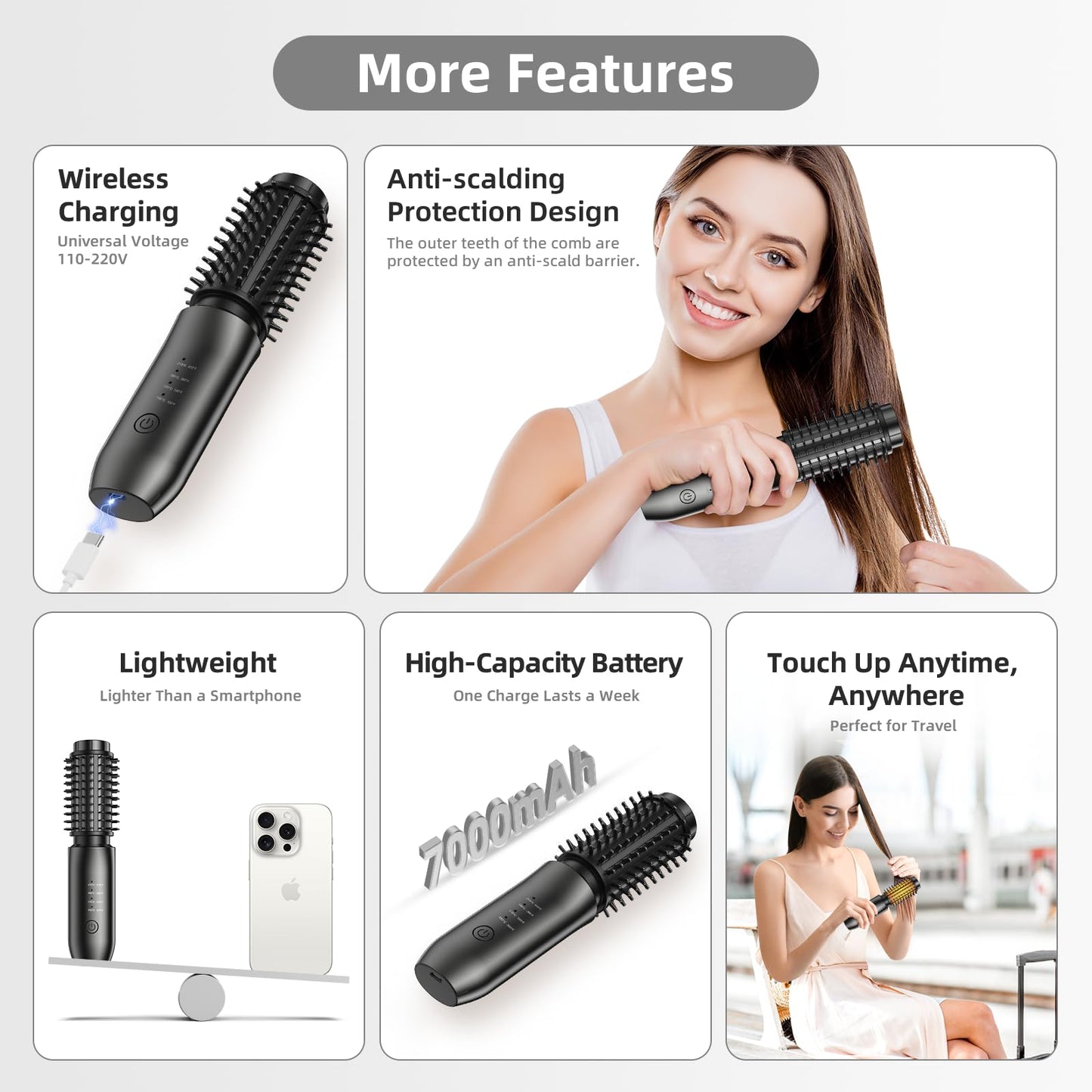 Cordless Curling Iron Brush, 1.5 Inch Mini Travel Hair Curler with 200 Million Negative Ions, Portable Heated Round Straightener Brush Rechargeable for Curl, Touch-Up, De-Frizz, Styling, Black