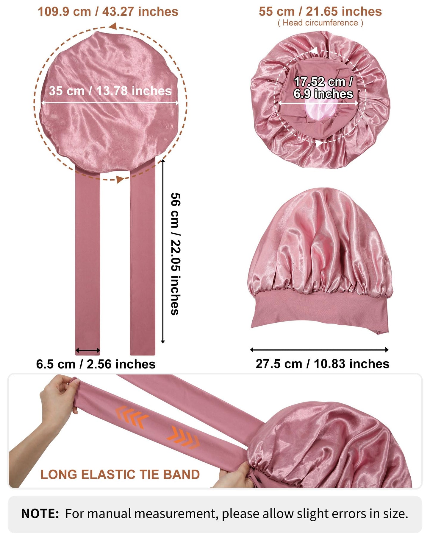Satin Bonnet for Women Silk Bonnets for Sleeping Curly Hair Bonnet with Elastic Tie Band Reversible Double Layer Sleep Cap Hair Wrap (Bean Paste + Pink)